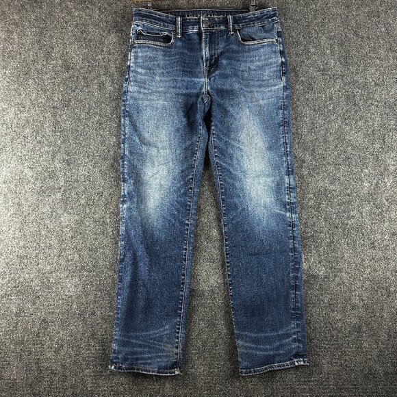 American Eagle Jeans Mens 32 Original Straight Cotton Stretch Pockets Frayed Hem - Picture 1 of 11